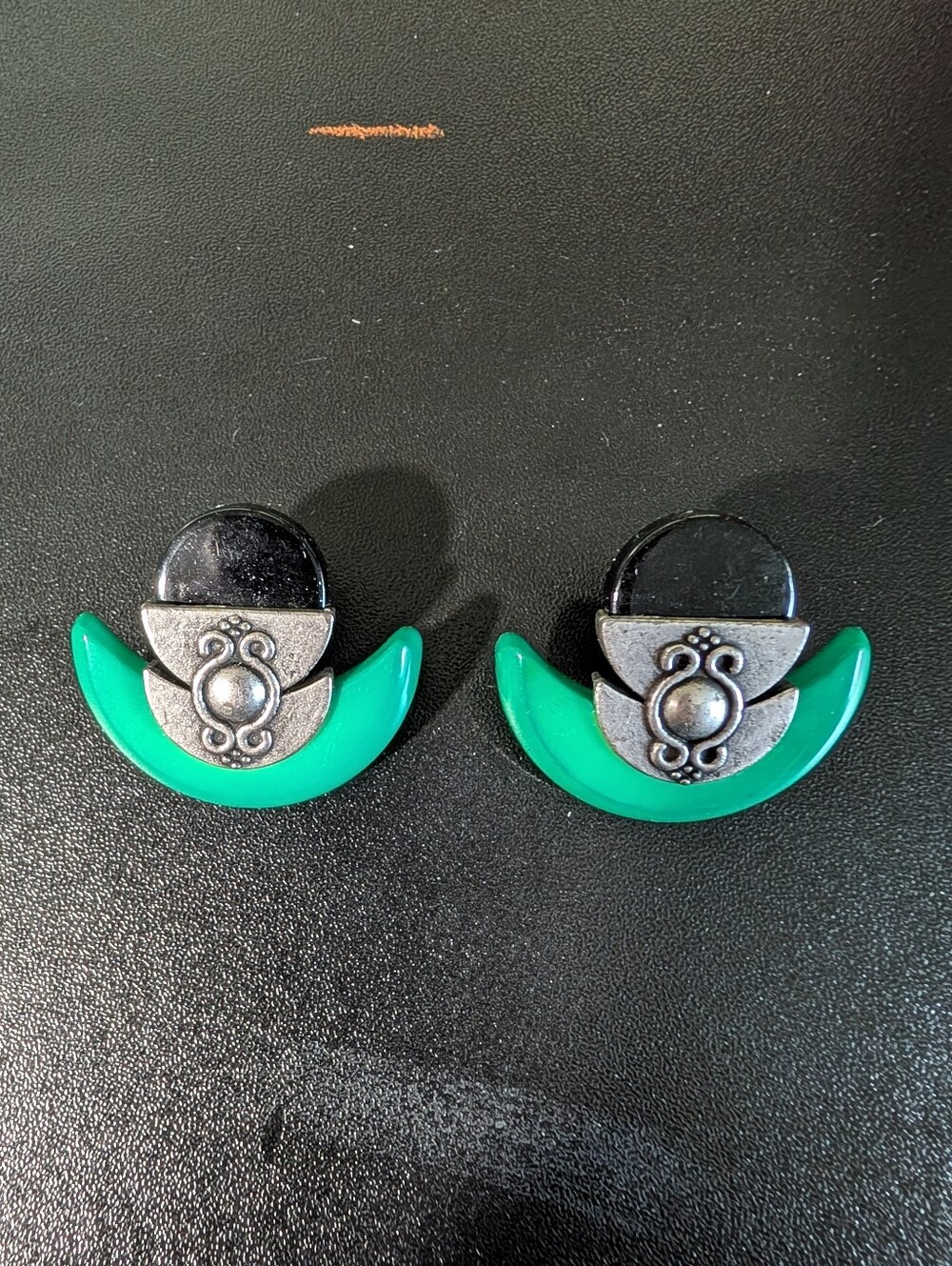 Green & Silver Crescent Statement Clip Earrings